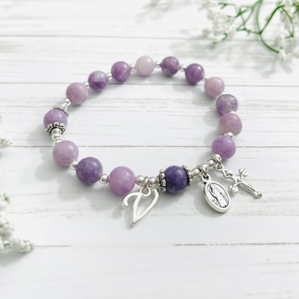 Bracelet chapelet personnalisé en lépidolite violette Cadeaux catholiques Cadeau de Noël Cadeaux pour les mères Cadeaux de confirmation, filles, cadeaux de première communion