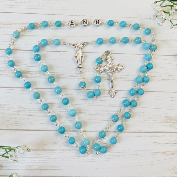 Personalized Rosary Blue Turquoise Howlite Birthday First Communion Confirmation Mothers' Gifts Christmas Gifts Chapelet Cadeaux de Noël