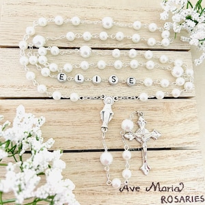 First Communion Rosary, Personalized Glass Pearl Rosary, Mothers Gifts, Confirmation Gifts, Baptism, Cream White Pink Blue