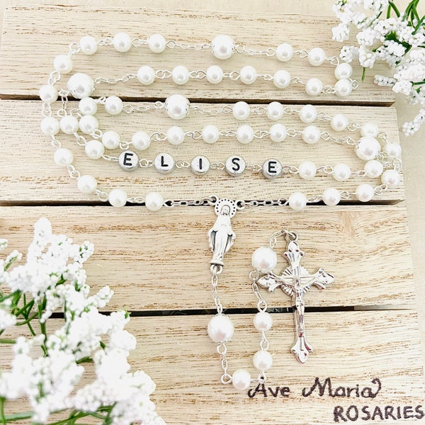 First Communion Rosary, Personalized Glass Pearl Rosary, Mothers Gifts, Confirmation Gifts, Baptism, Cream White Pink Blue