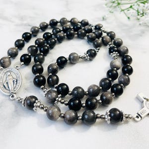Silver Sheen Obsidian Personalized Rosary, Catholic rosary beads, Gemstone, Catholic gifts, Rosary for men, Rosary for boy, Black stones