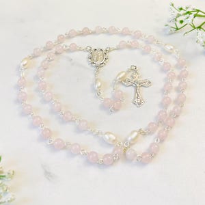Rose quartz and Freshwater Pearl Personalized Rosary, Mother&#39;s Day gifts, Christmas gifts, First Communion gifts, Christening Baptism gifts