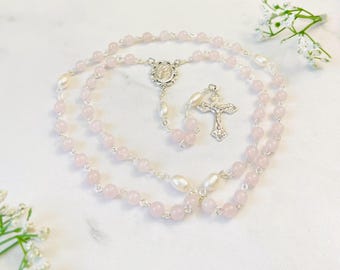 Rose Quartz Rosary with Freshwater Pearls: Personalized Catholic Gift