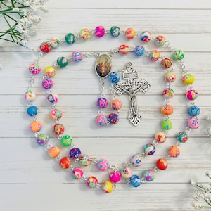 PERSONALIZED Rosary, Flowery colorful polymer clay bead Mothers' Day Gifts, Confirmation Baptism Christmas First Communion gift, goddaughter