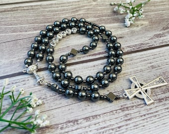 Personalized Black Hematite Rosary: Catholic First Communion Gift