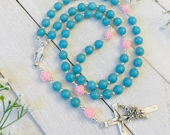 Special Rose and Blue Turquoise Personalized Rosary, Mothers' gifts, Catholic gift, rosary beads, Rose Crucifix, Our Lady of Grace