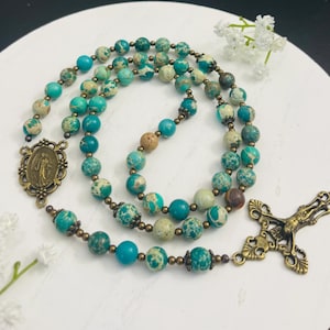 Green Impression Jasper Rosary: Miraculous Medal, Personalized Catholic Prayer Beads