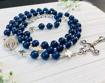 Blue Lapis Lazuli Rosary: Personalized Catholic Gift, Handmade in Canada