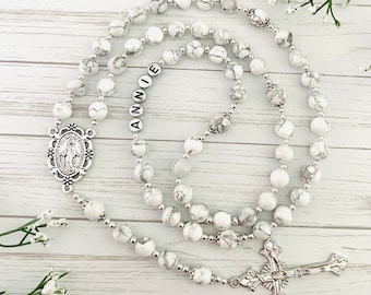 White Howlite Personalized Rosary, Confirmation gifts, goddaughter, godmother, First Communion Gift, Christmas Gifts, christening gifts