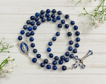Rosario de lapislázuli azul: regalo católico personalizado para primera comunión