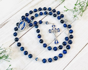 Blue Miraculous Medal, Blue Tiger eye Stones, Personalized Rosary, First Communion, Confirmation Gifts Mothers' gifts, Christmas gift