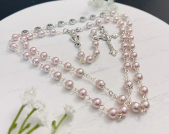 Personalized Glass Pearl Rosary: First Communion, Confirmation Gift