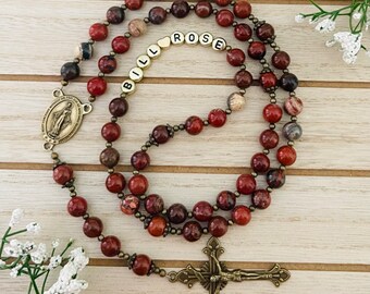 Red Brecciated Jasper Miraculous Medal Personalized Rosary, Catholic gifts, Christmas gifts, First Communion gifts, Confirmation Gifts