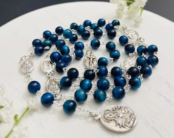 Rosario in occhio di tigre blu acqua: coroncina dei sette dolori, regalo cattolico