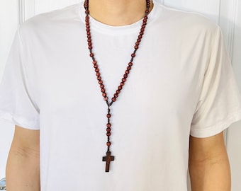 Mahogany Wood Bead Rosary Necklace for Men: Confirmation Gift