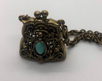 Vintage Ornate Turquoise Purse Chatelaine Locket / Miniature Belt Sash Clip