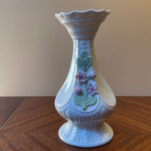 Darling Belleek Irish Porcelain Paneled Ruffled Edge Vase With Applied Pink Roses