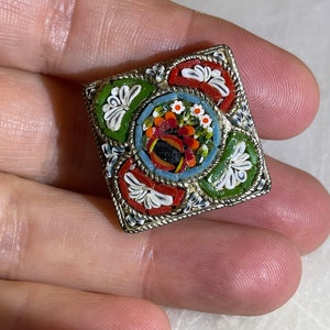 Italian Micro-Mosaic Pin: Square Diamond Flower Brooch