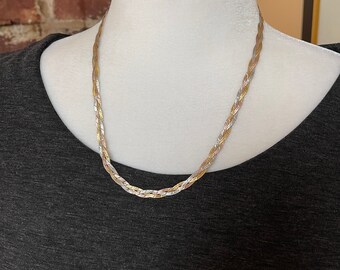 Vintage 925 Silver Braid Necklace: Tricolor Serpentine Chain, 17&quot;