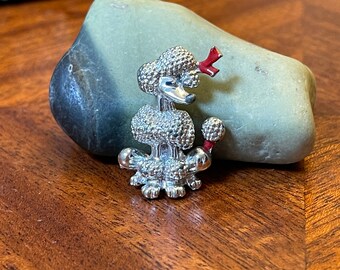 Vintage Silver-Tone Poodle Brooch With Red bow in her hair