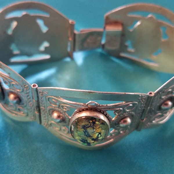 Vintage Hecho en Mexico Faux Opal glass Silver Bracelet - Eagle head stamp