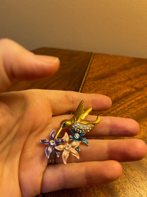 Broche Colibri Dorée Avec Nacrée Verte Et Bleue, Strass Blanc - Bijou Fantaisie Neuf