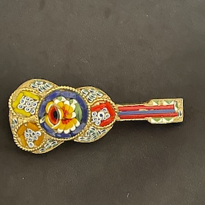 Vintage Micro Mosaic Guitar Brooch: Floral Italian Design
