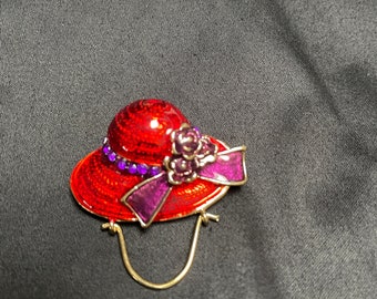 Red Hat Brooch with purple Bow Brooch, name tag holder/ glasses holder