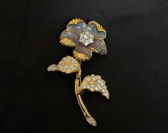Antique Nolan Miller Purple Enamel and Chrystal Flower Brooch Pin