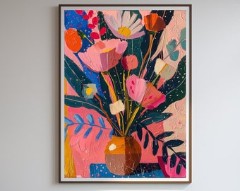 Abstract Flower Vase Colorful Floral Digital Print, Wildflower Bouquet Artwork, Matisse Botanical Artwork, Maximalist Wall Art Home Decor