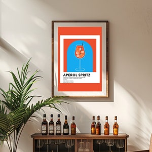 Aperol spritz cocktailrecept digitale poster voor barwagen woondecoratie, happy hour alcoholische drankjes muurkunst print, Pantone-kaartstijl artwork