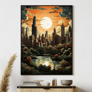 Chicago Skyline Sunset Park Illustration Art Style Wall Print