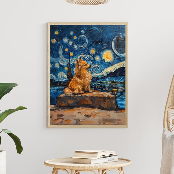 Starry Night Pomeranian Dog Digital Print, Cute Pommy Printable Poster, Van Gogh Wall Art Gift For Pom Dog Lovers, New Pet Owner Artwork