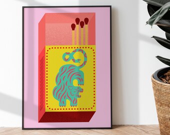 Retro digitaltryck med tiger-tändsticksask, vintage-tändsticksask-poster för funky heminredning, trendig väggkonst med tändsticksask, estetisk tavelvägg