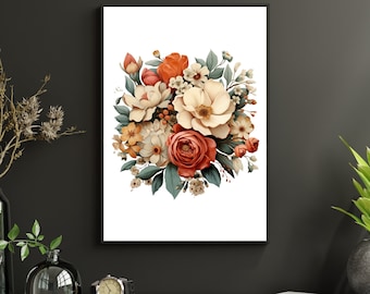 Vintage Floral Bouquet Digital Wall Art for Flower Market, Antique Moody Botanical Art Print Home Decor, Minimalist Flower Printable Poster