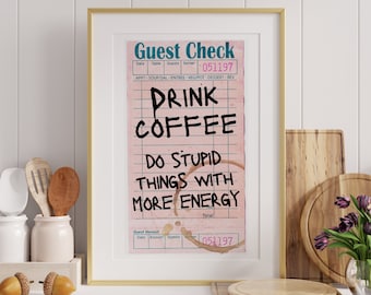 Cartaz de verificação de convidado de café Arte de parede da moda, impressões digitais Decoração estética de cozinha, Presente de amante de café com impressão retrô irônica, Estação de café expresso