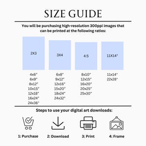 May include: A size guide for digital art prints, showing different aspect ratios and corresponding print sizes in inches. The guide also includes steps to use digital art downloads: purchase, download, print, and frame.