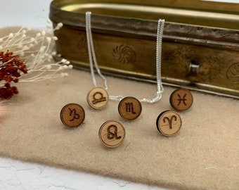Wooden stud earrings zodiac signs with stainless steel plugs, light as a feather & hypoallergenic, size and wood selectable, unique natural jewelry