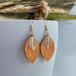 Boho earrings, hanging earrings, wood, leaf, gold-plated, wooden earrings, natural jewelry, wooden jewelry, earrings Mahagoni