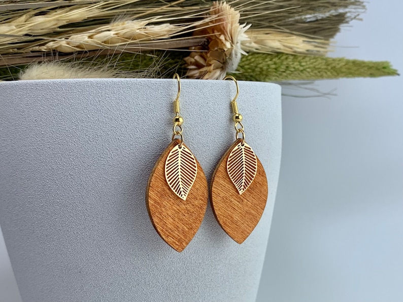 Boho earrings, hanging earrings, wood, leaf, gold-plated, wooden earrings, natural jewelry, wooden jewelry, earrings Mahagoni