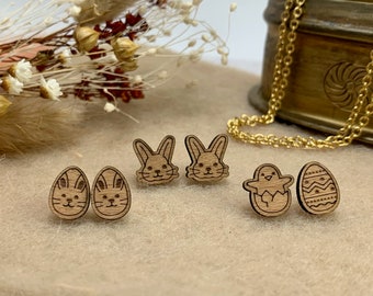 Holzohrstecker Osterhase / Ostereier / Küken mit Edelstahl-Stecker, federleicht & hypoallergen, Naturschmuck Unikat, Motivstecker Ostern