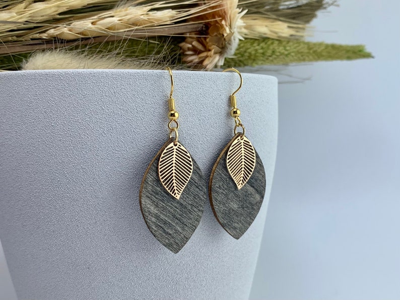 Boho earrings, hanging earrings, wood, leaf, gold-plated, wooden earrings, natural jewelry, wooden jewelry, earrings Ebenholz