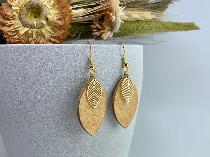 Boho earrings, hanging earrings, wood, leaf, gold-plated, wooden earrings, natural jewelry, wooden jewelry, earrings Honey