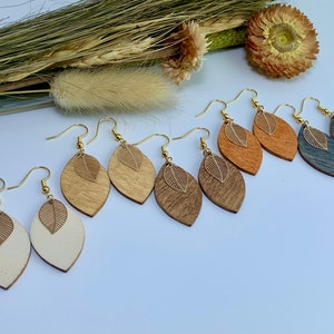 Boho earrings, hanging earrings, wood, leaf, gold-plated, wooden earrings, natural jewelry, wooden jewelry, earrings image 1