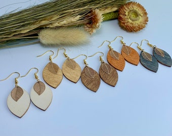 Boho earrings, hanging earrings, wood, leaf, gold-plated, wooden earrings, natural jewelry, wooden jewelry, earrings