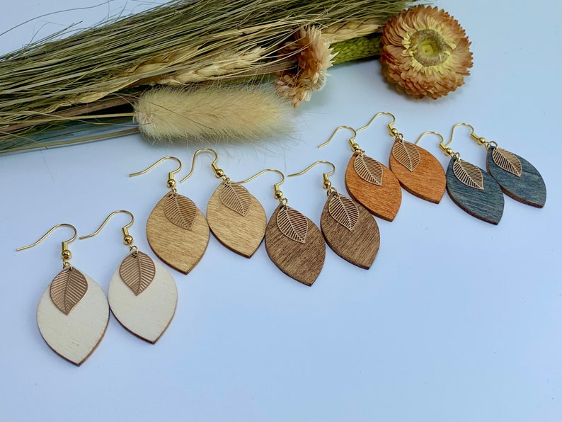 Boho earrings, hanging earrings, wood, leaf, gold-plated, wooden earrings, natural jewelry, wooden jewelry, earrings image 1
