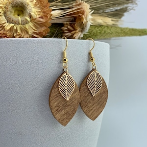 Boho earrings, hanging earrings, wood, leaf, gold-plated, wooden earrings, natural jewelry, wooden jewelry, earrings Palisander