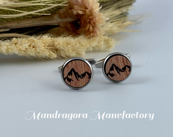 Boutons de manchette en bois Montagnes, Paysage, Randonnée, Acier inoxydable, Bijoux en bois, Bijoux naturels, Accessoires de base Hommes, Mariage, Célébration