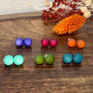 Könnte beinhalten: Sechs Paar runde Ohrstecker in verschiedenen Farben: Blau, Magenta, Orange, Türkis, Grün und Teal. Die Ohrringe werden auf einer dunklen Holzoberfläche präsentiert, mit getrockneten Blumen und Blättern im Hintergrund.