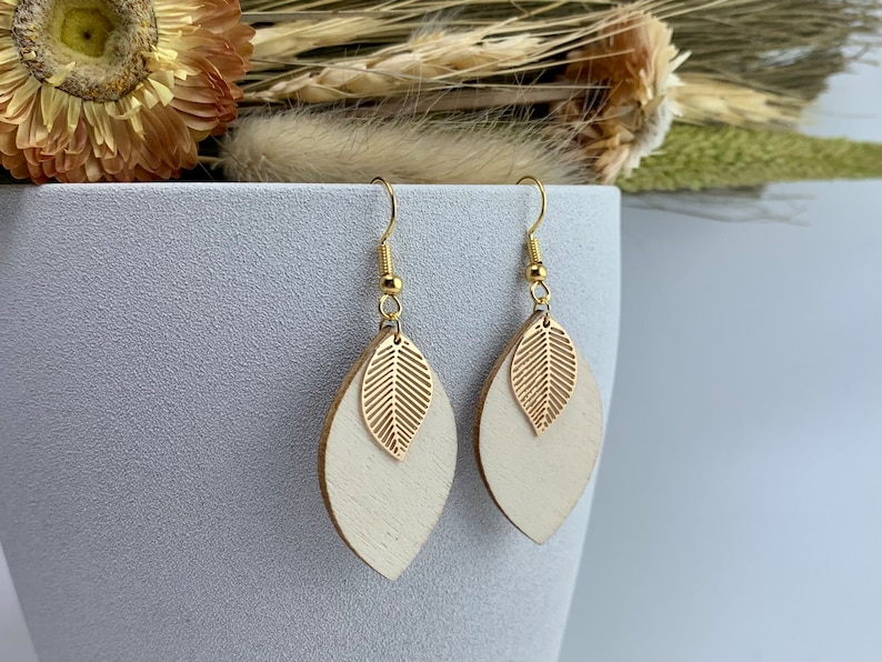 Boho earrings, hanging earrings, wood, leaf, gold-plated, wooden earrings, natural jewelry, wooden jewelry, earrings White